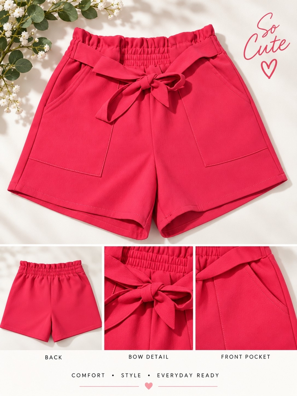 Girls Rose Red Tie-Waist Shorts